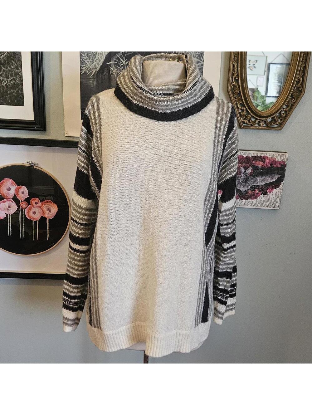 Black and White Striped Cowl Neck Sweater Chaps Medium Wool Blend